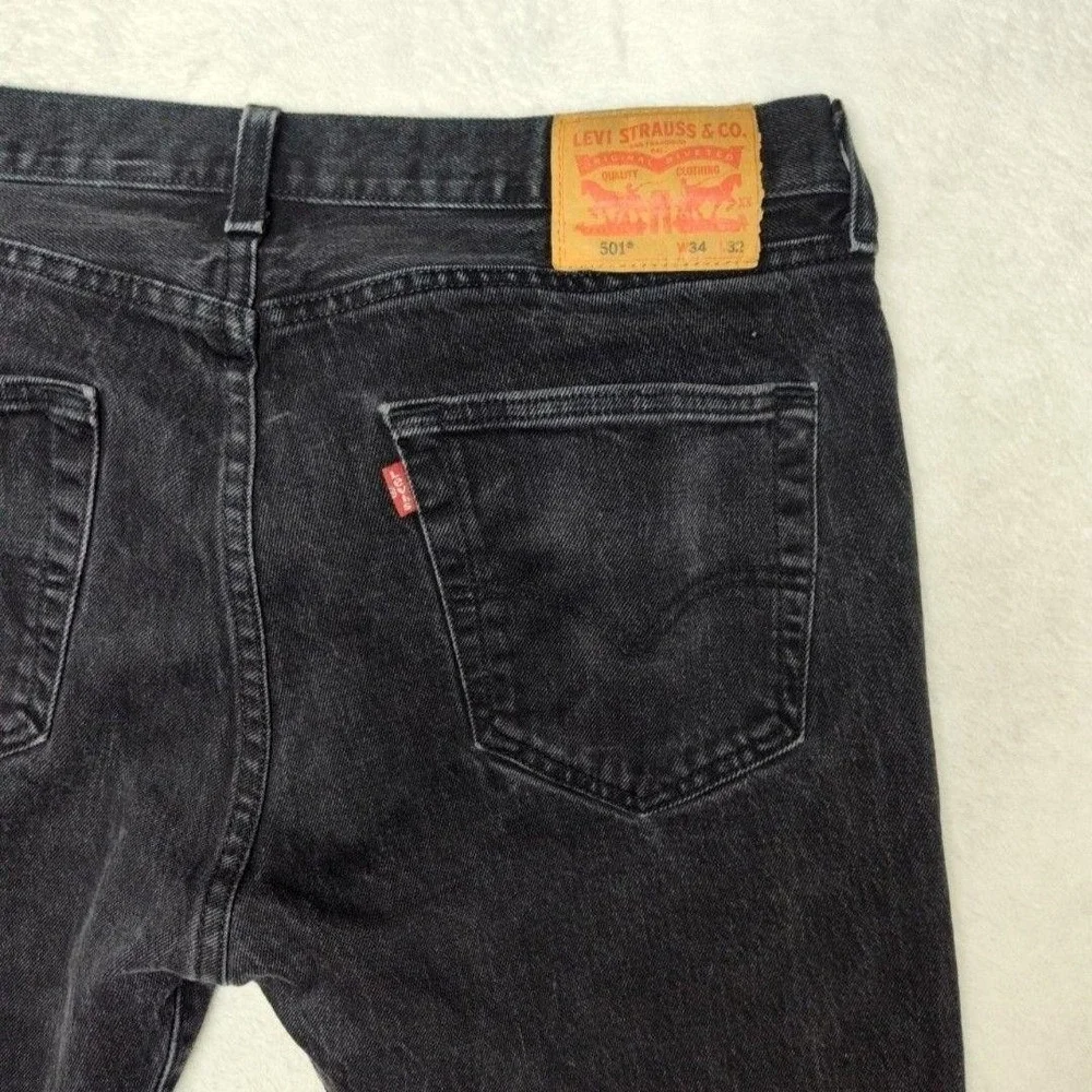 Levis 501 Jeans Mens 34x29 Black Straight Charcoal Wash Distressed Button Fly